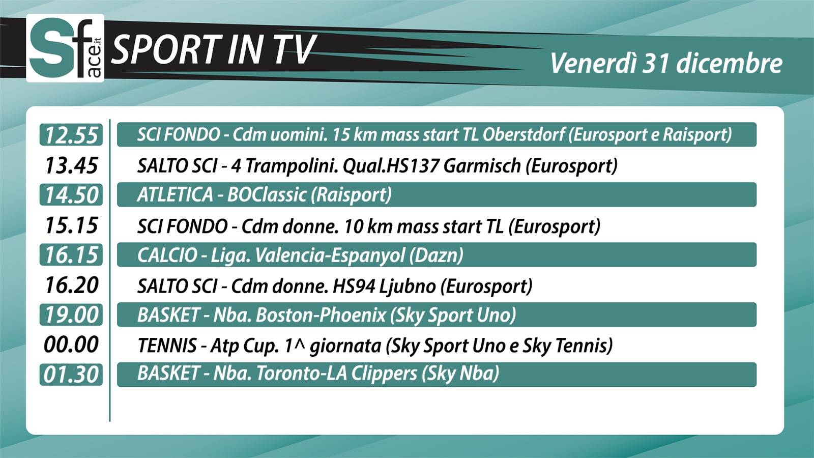 Sport in tv 31 dicembre